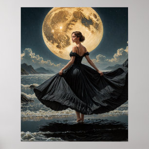 Ocean Dance Under the Moon Vrouw in zwarte jurk Poster