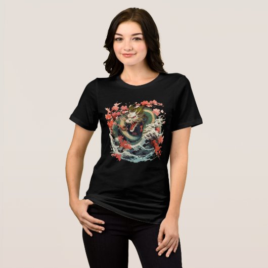 Ocean Dragon with Sakura and Waves Tri-Blend Shirt (Voorkant volledig)