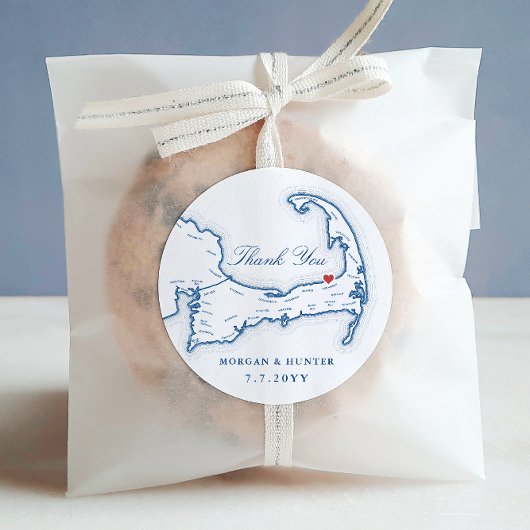 Ocean Edge Cape Cod kaart Dank u bruiloft gunst Ronde Sticker