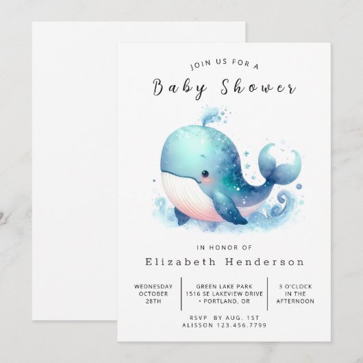 Ocean Editable Whale Baby shower Kaart (Voorkant / Achterkant)