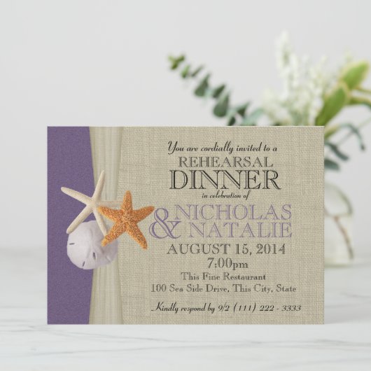 Ocean en Burlap Paarse repetitie diner Kaart (Staand voorkant)