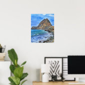 Ocean en Rock Mountain Waterverf stijl kunst Poster (Thuiskantoor)