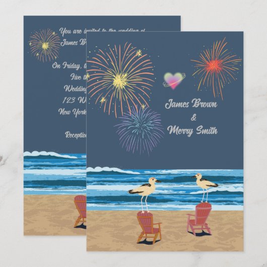 Ocean Fireworks Night Beach Seagulls Weddenschap Kaart (Voorkant / Achterkant)