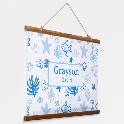 Ocean Fish Custom Naam Kwekerij Jongens Room Art Hangend Wandkleed (Gebogen)