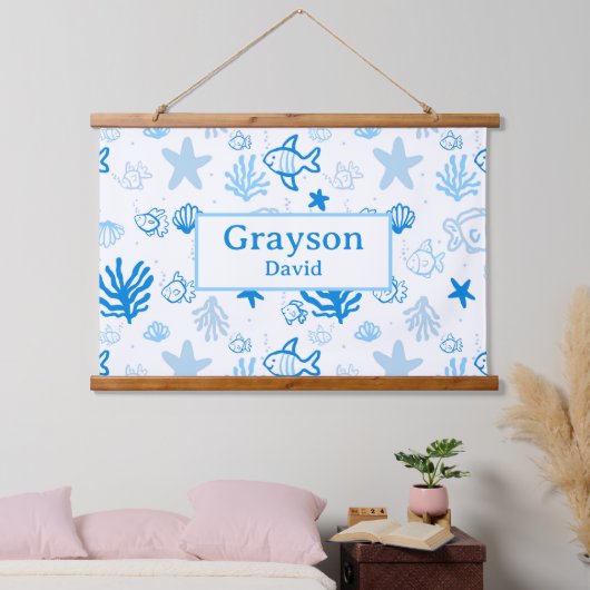 Ocean Fish Custom Naam Kwekerij Jongens Room Art Hangend Wandkleed (Slaapkamer)