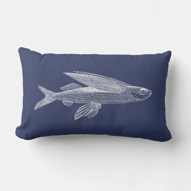 Ocean Fish Marine Blauw Wit Outdoor Lumbaal Kussen (Voorkant)