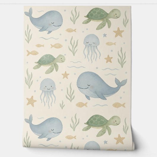 Ocean Friends Nursery Wallpaper – Walvissen, Schil Behang (Afrollen)