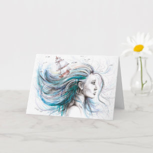 Ocean girl Nautical Surreal Waterverf Ink art Kaart