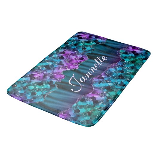 Ocean Glam Turquoise Paarse Zeemeermin Faux Glitte Badmat (Gekanteld)