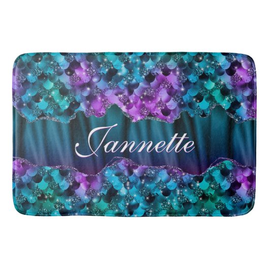 Ocean Glam Turquoise Paarse Zeemeermin Faux Glitte Badmat (Voorkant)