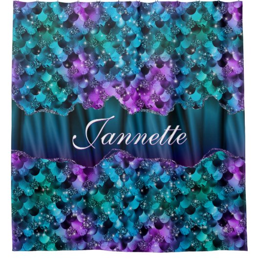Ocean Glam Turquoise Paarse Zeemeermin Faux Glitte Douchegordijn (Voorkant)