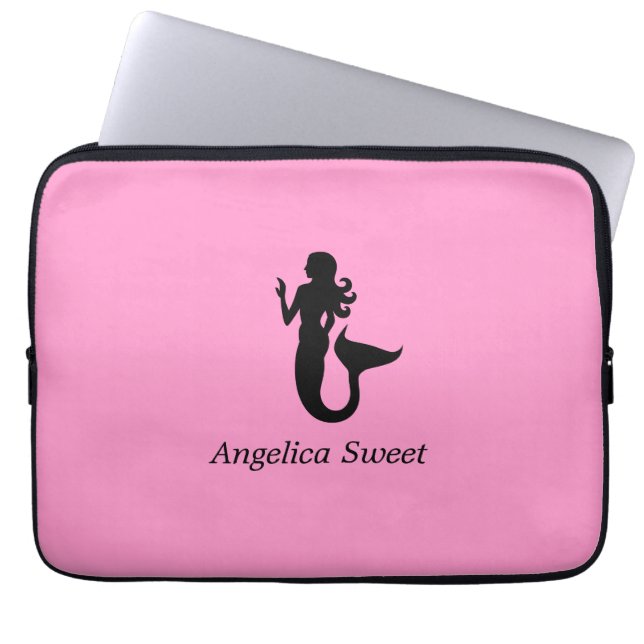 Ocean Glow_Black-on-Pink Mermaid_personalized Laptop Sleeve (Voorkant)
