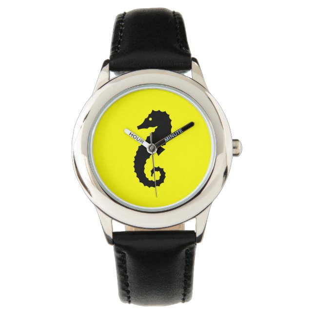 Ocean Glow_Black-on-Yellow Seahorse Horloge (Voorkant)