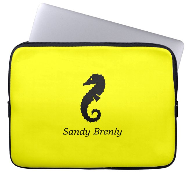 Ocean Glow_Black-on-Yellow Seahorse_personalized Laptop Sleeve (Voorkant)