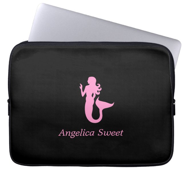 Ocean Glow_Pink-on-Black Mermaid_personalized Laptop Sleeve (Voorkant)