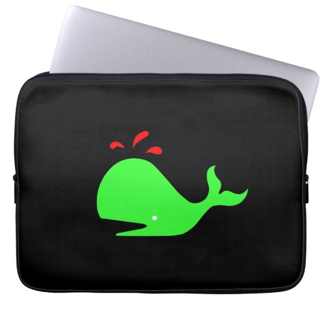Ocean Glow_Spouty Whale Bright Green, rood op zwar Laptop Sleeve (Voorkant)