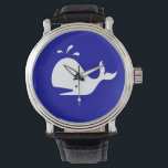 Ocean Glow_White-on-Blue Whale Horloge<br><div class="desc">Het is tijd om naar Whale te gaan kijken. Je zal een enorme pluk maken met onze Ocean Glow, maritieme iconen, White-on-Blue Whale polsstwatch. Als je je creatief voelt, kun je de grootte en positie van walvis veranderen, het aantal walvissen of de achtergrondkleur. Klik op "Aanpassen" en laat het plezier...</div>