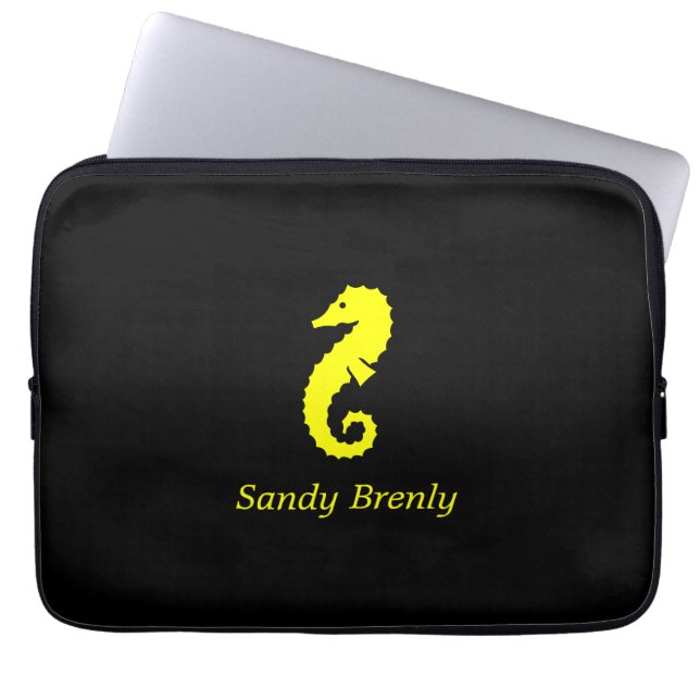 Ocean Glow_Yellow-on-Black Seahorse_personalized Laptop Sleeve (Voorkant)