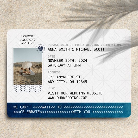 Ocean & Gold Paspoort Bestemming Huwelijksfoto Folie Uitnodiging