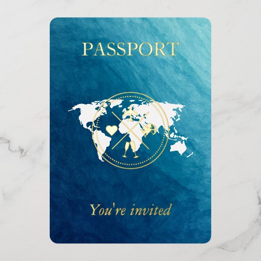 Ocean & Gold Paspoort Bestemming Huwelijksfoto Folie Uitnodiging (Voorkant)