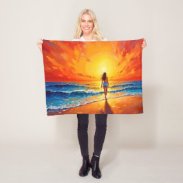 Ocean Golden Hour Glow oranje zonsondergangkunst Fleece Deken