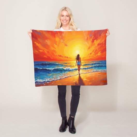 Ocean Golden Hour Glow oranje zonsondergangkunst Fleece Deken (In situ)