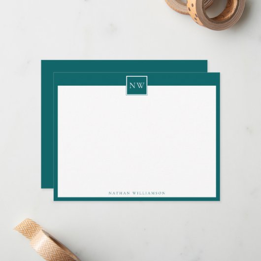 Ocean Green Monogram Single Bread Border Note Card Notitiekaartje (Voorkant / Achterkant in situ)