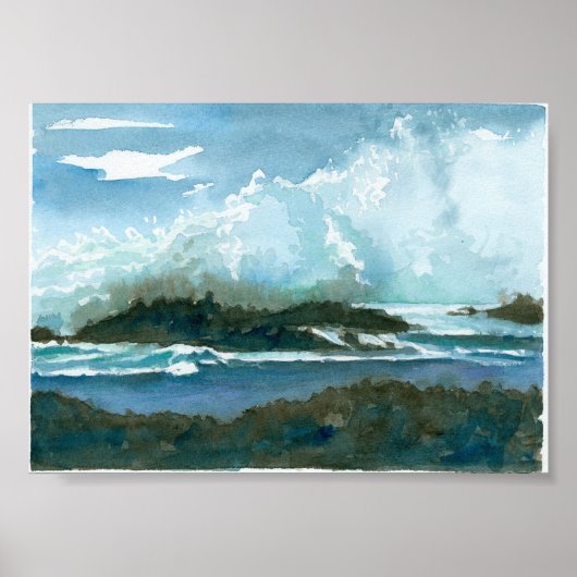 Ocean Hawaii Oahu Waves Splash Waterverf Art Poster (Voorkant)