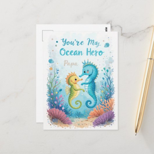 Ocean Hero Vaderdag Zeepaardje Pap Briefkaart (Voorkant / Achterkant in situ)