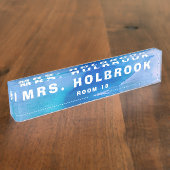 Ocean Inspired Blue Waterverf Teacher's Desk Naambordje (Zijkant)