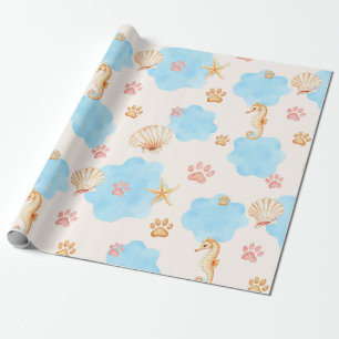 Ocean-Inspired Paw Print Patroon met zeepaardjes 2 Cadeaupapier