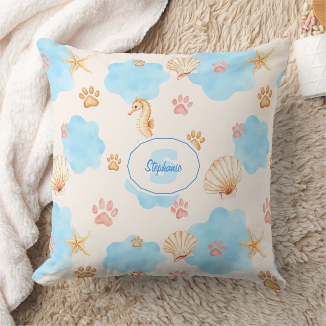 Ocean-Inspired Paw Print Patroon met zeepaardjes 2 Kussen (Deken)
