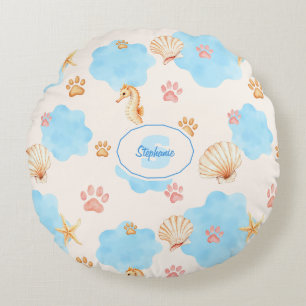 Ocean-Inspired Paw Print Patroon met zeepaardjes 2 Rond Kussen
