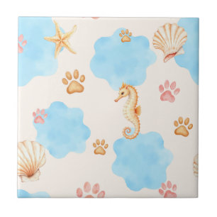 Ocean-Inspired Paw Print Patroon met zeepaardjes 2 Tegeltje