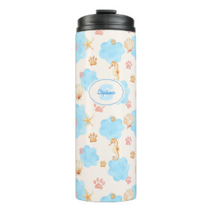 Ocean-Inspired Paw Print Patroon met zeepaardjes 2 Thermosbeker