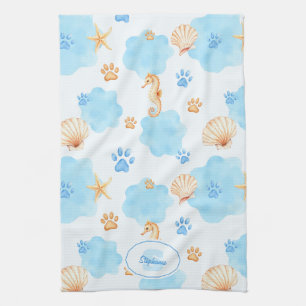 Ocean-Inspired Paw Print Patroon met zeepaardjes Theedoek