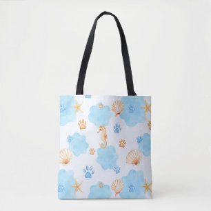 Ocean-Inspired Paw Print Patroon met zeepaardjes Tote Bag