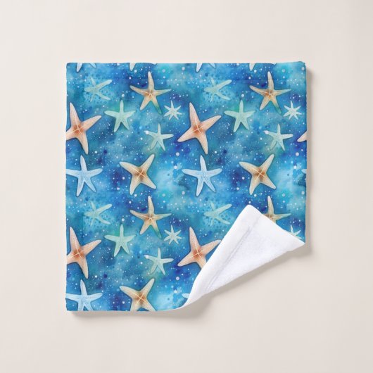 Ocean-Inspired Starfish & Seashells Blue Coastal Bad Handdoek (Wasdoekje)