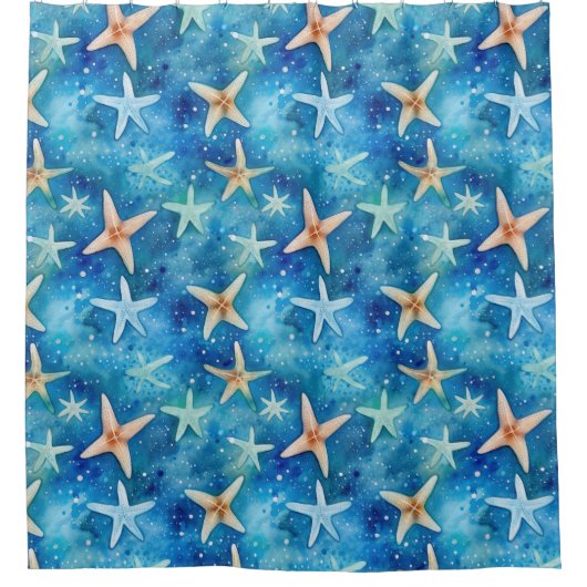 Ocean-Inspired Starfish & Seashells Blue Coastal Douchegordijn (Voorkant)