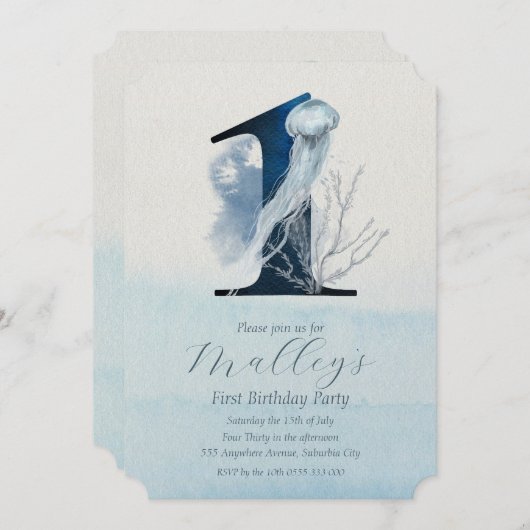 Ocean Jellyfish Age Nummer 1 1 Birthday Invite Kaart (Voorkant / Achterkant)