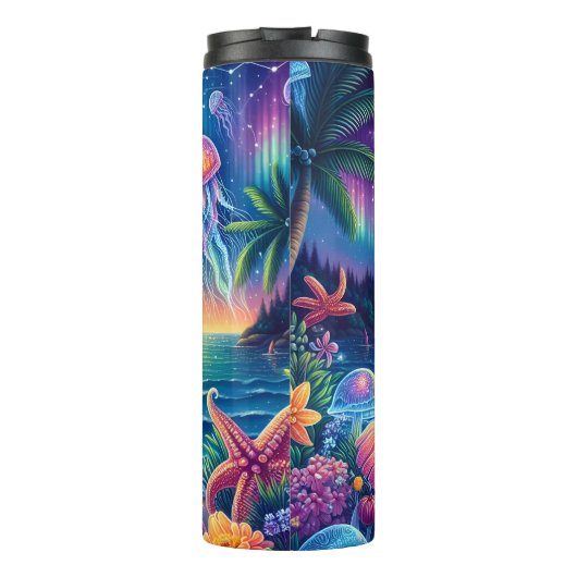 Ocean Jellyfish Aurora Fantasy Sunset Thermosbeker (Achterkant)