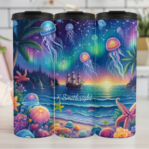 Ocean Jellyfish Aurora Fantasy Sunset Thermosbeker