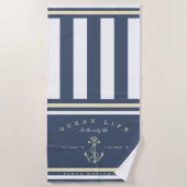 Ocean Life Nautical Grey & Yellow Stripe Anchor Strandlaken (Voorkant)