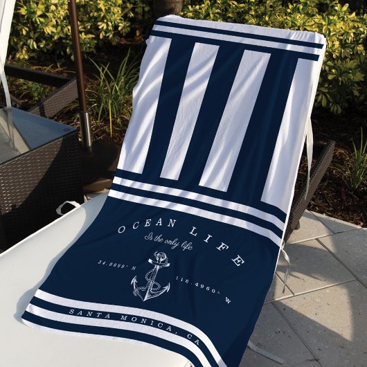 Ocean Life Nautical Navy & White Stripe Anchor Strandlaken