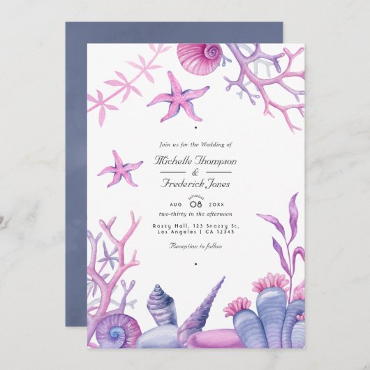 Ocean Life QR Code RSVP Nautical Wedding Kaart (Voorkant / Achterkant)