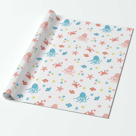 Ocean Life - Squids & Starfish Patroon Cadeaupapier (Uitgerold)