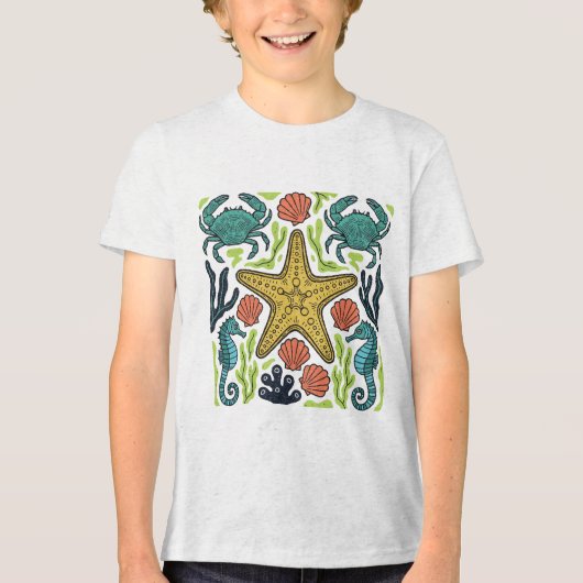 Ocean Life Symphony – Starfish, Seahorses & Crabs Tri-Blend Shirt (Voorkant)