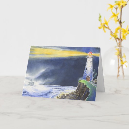 Ocean Lighthouse bij nacht gevouwen Wenskaart Kaart (Gele Bloem)