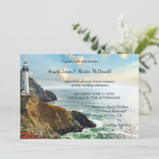 Ocean Lighthouse bruiloft uitnodiging (Staand voorkant)