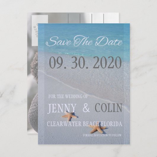 Ocean Love Beach Starfish Photo Save the Date Aankondigingskaart (Voorkant / Achterkant)